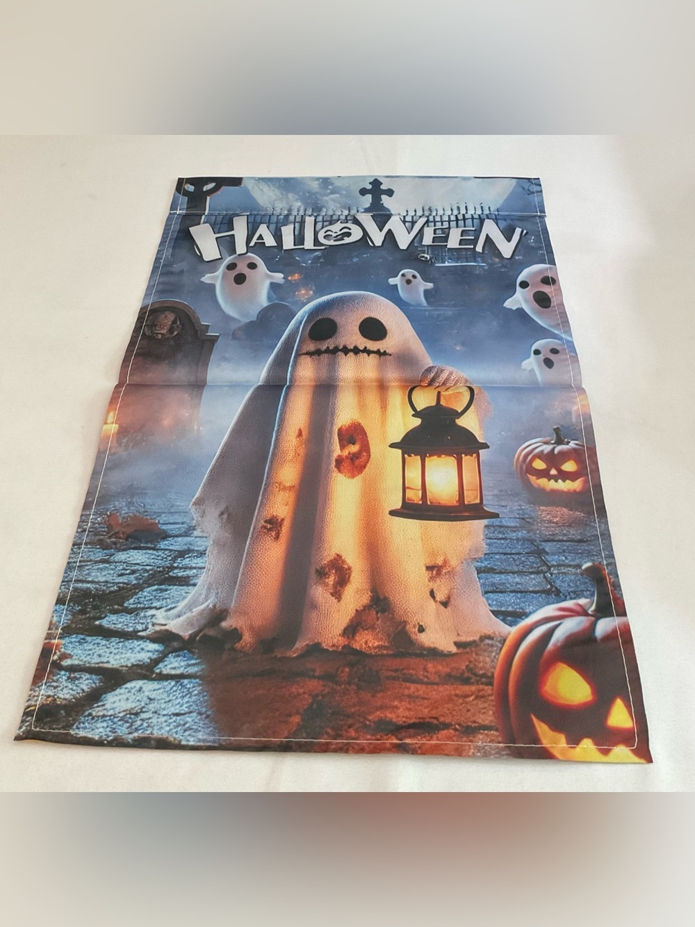 Halloween Garden Flag with Ghost and Lantern Design - White